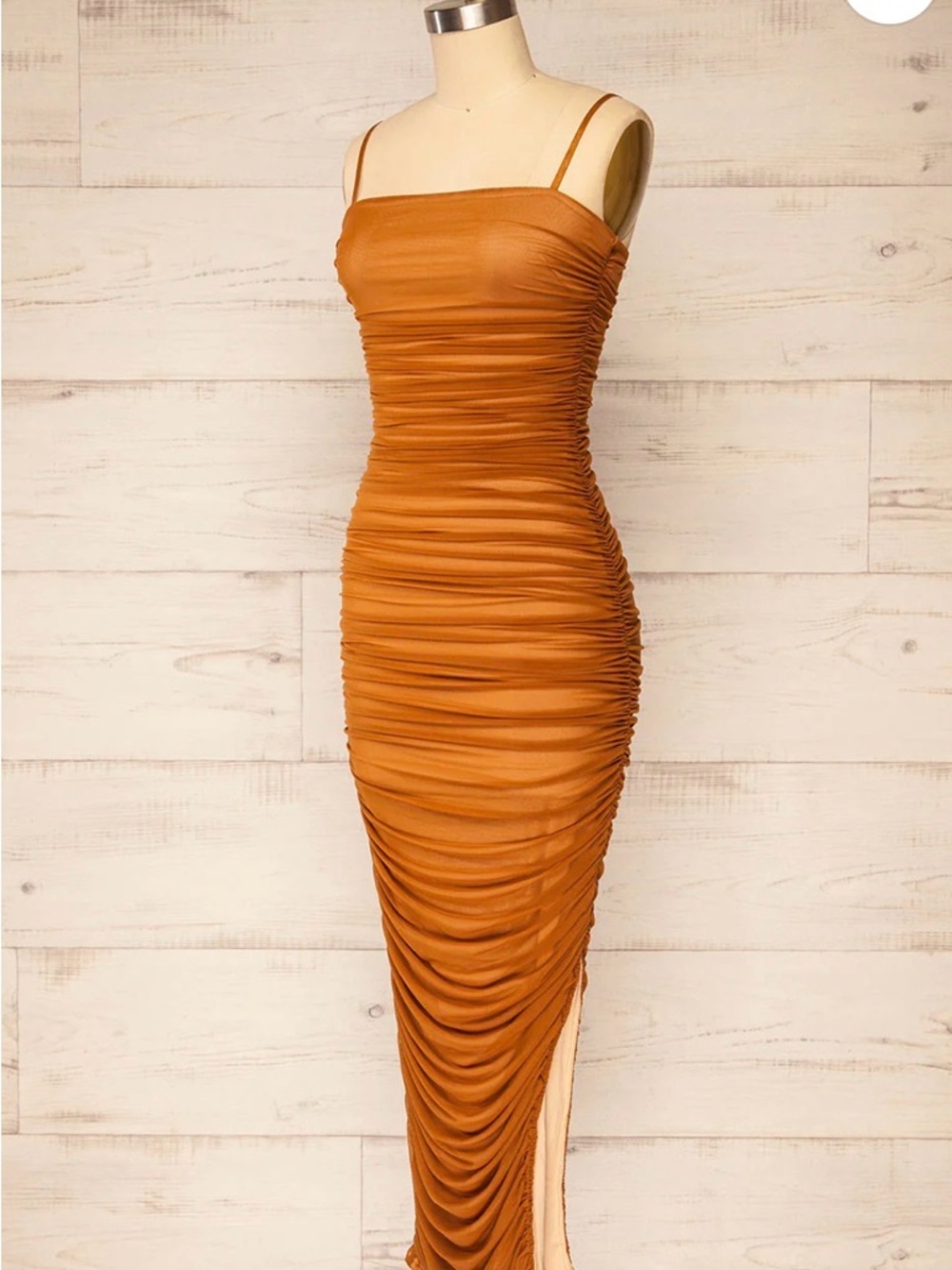 Ruched Spaghetti-Strap Midi Dress in Caramel